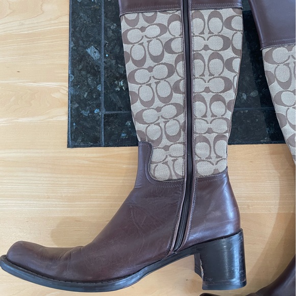 Coach Olivia P156 G2 Tall Heeled Boot Logo Signature Jacquard Brown Leather 7.5 - Picture 4 of 16